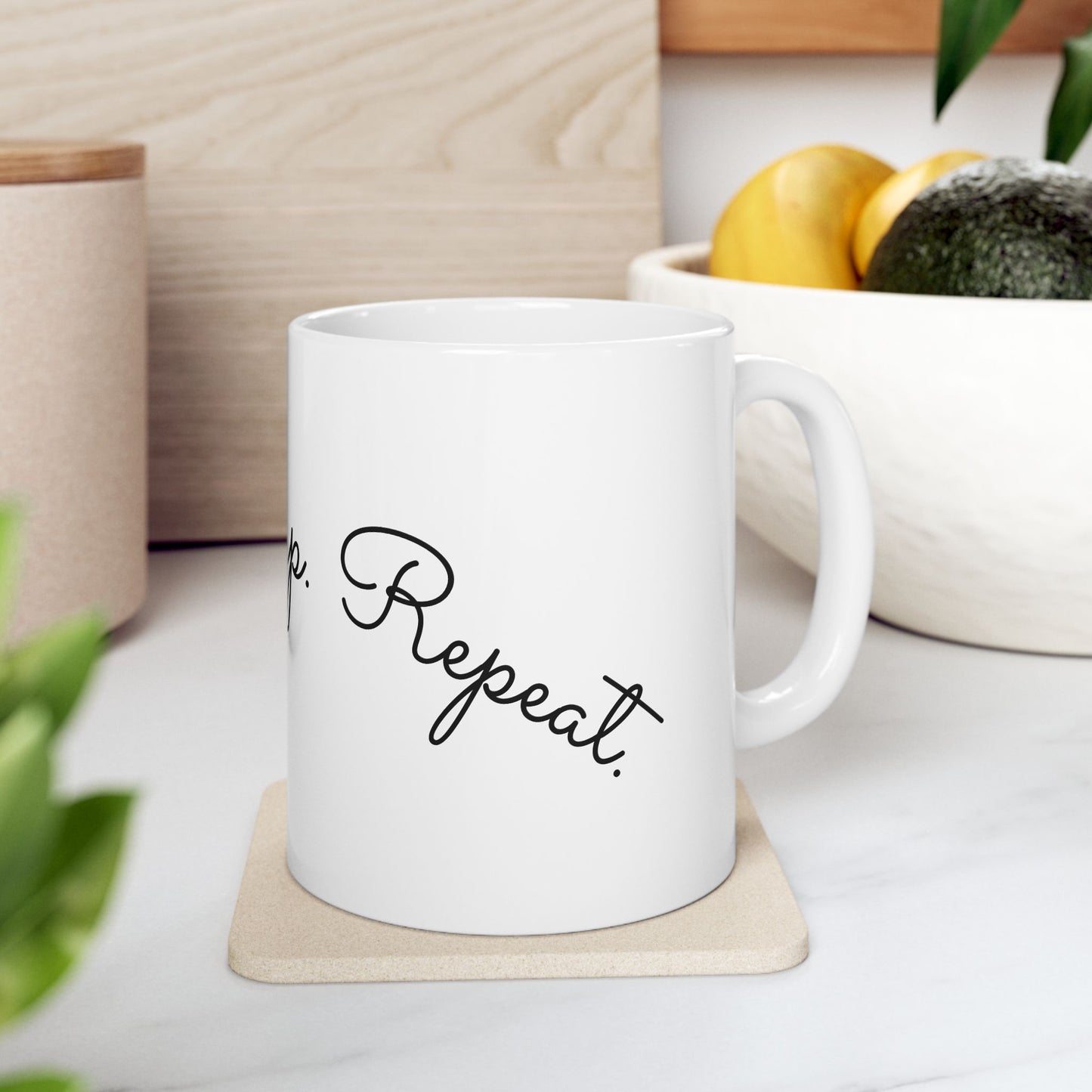 Minimalist "Breathe. Sip. Repeat." coffe cup